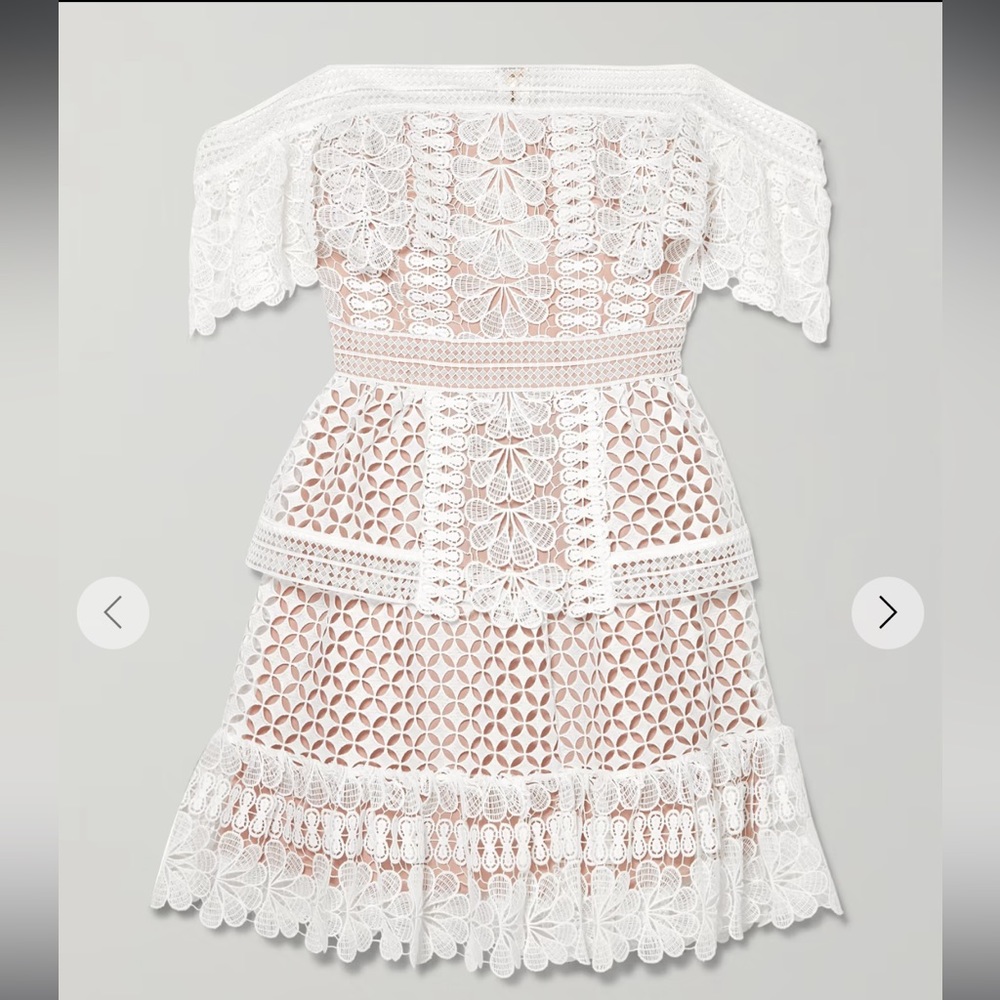 SELF-PORTRAIT
Off-the-shoulder guipure lace mini dress- size 8. Worn once.